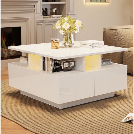 Table basse 70x70x40 cm blanche en panneau de particules avec LED, 4 tiroirs, finition brillante et rangement 3 niveaux (1/5)