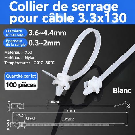 Colliers de serrage en nylon à tête clipsable X60 3,3x130 mm blanc lot de 100 x60 3.6-4 4 3.3 300 g – Livraison gratuite