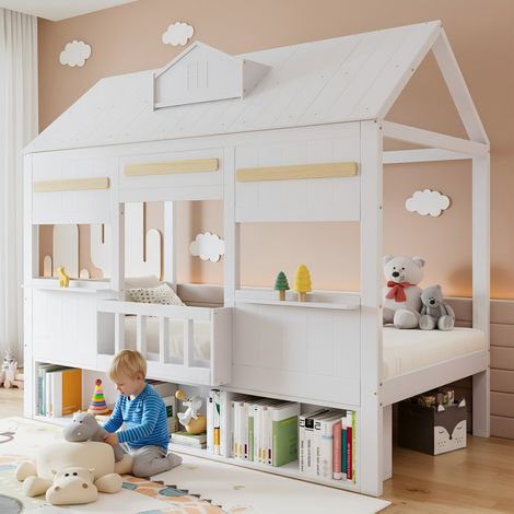 Lit mezzanine forme maison blanc 90x200cm, lit enfant design avec étagères, sommier à lattes, structure pin et MDF robuste (sans Matelas) (1/5)