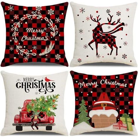 Weihnachtskissenbezüge aus Leinen – 4er-Set – Motive: Weihnachtsmann, Tannenbaum, Rot, Schwarz und Karo – 45 x 45 cm