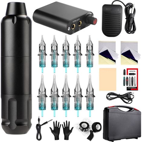 Kit de machine à tatouer, en aluminium, rotatif, avec 10 aiguilles à cartouche, type stylo, pour ombrage, noir (1/5)