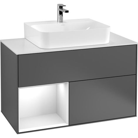 Finion, Muebles de baño, 1000 x 603 x 501 mm, Angular, con estantería (iluminada), modelo suspendido, En madera, lavabo en el medio, iluminación LED, 1x LED / 2.3W, 2700 K a 6480 K, Lacado Blanco Bril
