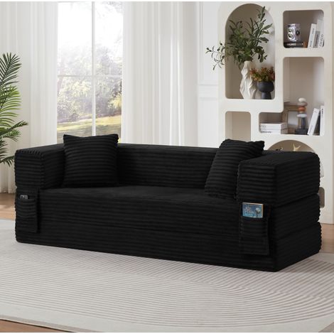 Divano letto nero in schiuma con rivestimento effetto velluto a coste e design squadrato (1/5)