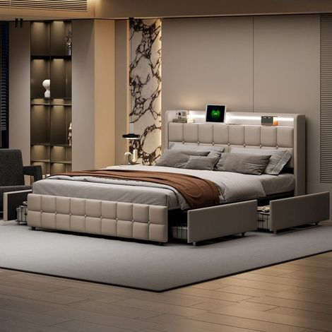 Estructura de cama 140x200 cm, LED RGB, USB, con 4 cajones, cama de 2 plazas, estructura de cama para adultos 140x200 cm, lino, beige