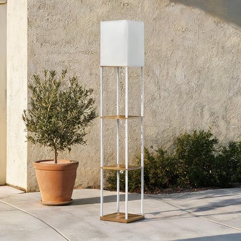 Lampadaire en métal et MDF avec étagères et abat-jour en tissu (1/5)