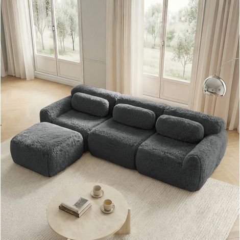 Modulares Ecksofa Grau aus Plüsch rahmenlos mit Ottomane und Kissen (1/5)