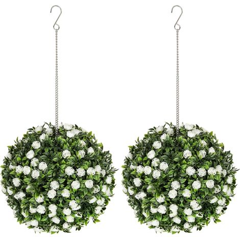 Set of 2 Decorative Artificial Plants, UV-protected Artificial Plant Topiary Rose Balls, Fake Plants for Home Indoor outdoor Decor, 28cm, White
