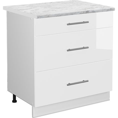 Meuble cuisine Fame-Line, Blanc Haute brillance, 80 cm avec 3 tiroirs, PT Marbre, Vicco (1/5)