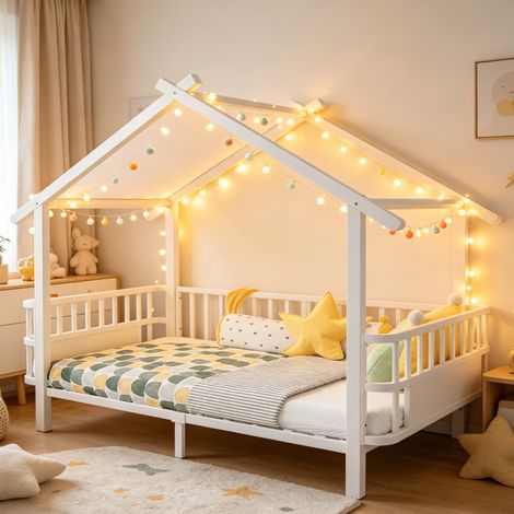 Letto a castello per bambini 90x200 cm con sponde di sicurezza, struttura stabile per camera da letto, in metallo bianco (1/5)