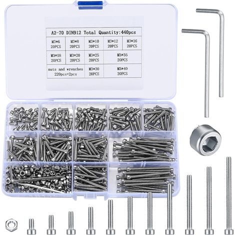 440 pcs M3 boulons écrous assortiment ensemble, six vis d’assemblage de bouton à tête avec vis filetées à six dents hexagonales avec écrous (1/5)