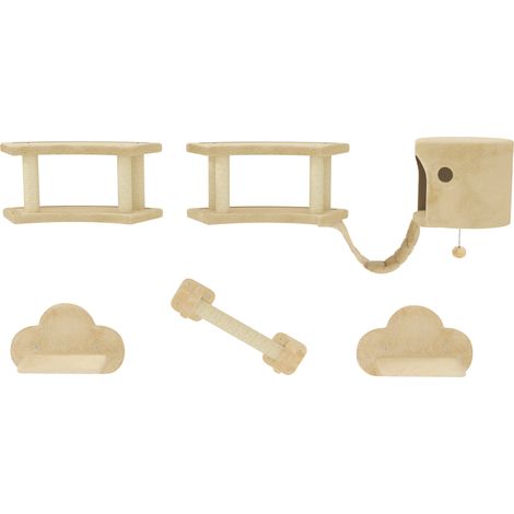 Ensemble d pliable beige pour salon d'escalade chat pièces comprenant griffoirs, plateformes saut, échelle, maisonnette support mural, (1/5)