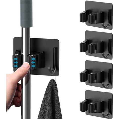 Porte Balais Mural Inoxydable Adhésif Mop Support Avec Crochets Pour Cuisine Jardin Balcon Garage Gris - 4Pcs (Noir) (1/4)