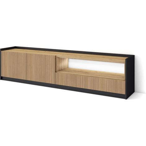 Skraut Home - Meuble TV, Banc Télé, Grand espace de Rangement, 207x37x50cm, Pour les TV jusqu'à 80", Led, Style moderne, Chêne et noir (1/5)