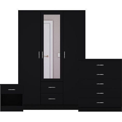 Riano 3 Piece Bedroom Set (1 Drw Bedside Chest, 5 Drw Chest, 3 Dr 2 Drw Mirrored Wardrobe), Black (1/3)