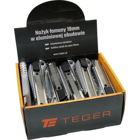 Cuchillas de 18 mm con mecanismo de apertura rápida, en carcasa de aluminio y caja expositora (juego de 24) Teger (1/3)