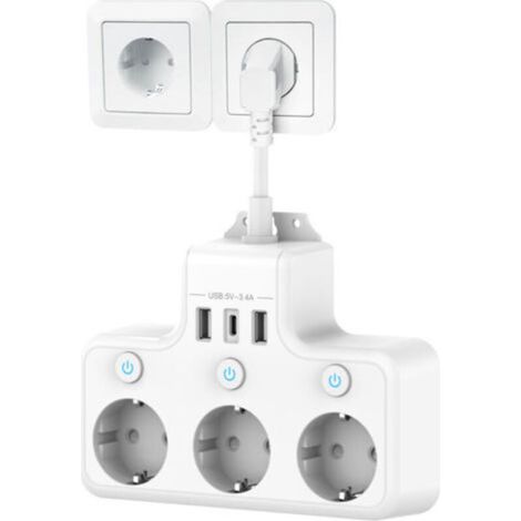 Prise Multiple avec Interrupteur Individuel, Multiprise avec USB C 3 Prises et 3 USB Chargeurs, Multiprise électrique Murale Adaptateur Prise USB Multiple Câble Court 0,1M pour Cuisine,Bureau,blanc