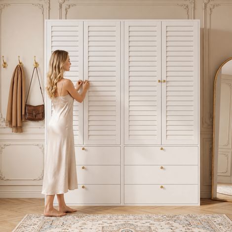 Armoire Penderie Dressing Blanche 4 portes avec persiennes, 2 tringles 6 tiroirs, grand rangement, penderie moderne blanche pour chambre, 180x50x200cm (1/5)