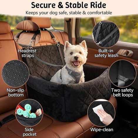 Siège de voiture pour petit chien, lit de voiture pour chien avec mousse à mémoire de forme, rehausseur de voiture pour petits chiens, amovible et lavable et ceintures de sécurité (1/2)