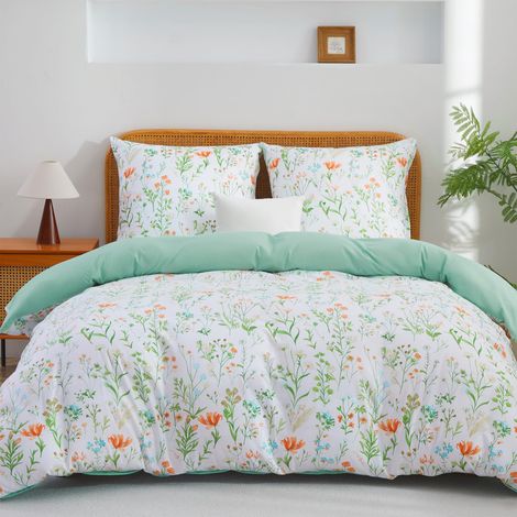 Parure de lit 2 pièces en microfibre Motif fleurs Vert sauge 155 x (1/5)