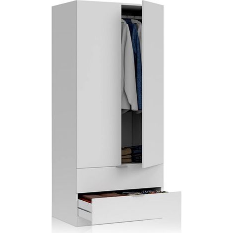 Armario ropero 2 puertas abatibles 2 cajones color blanco mate dormitorio habitación juvenil mueble 180x82x52 cm (1/10)