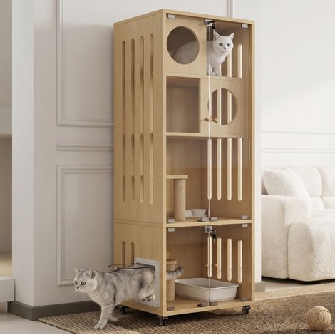 Mobile per gatti 60x50x156 cm in MDF e vetro naturale con ruote - MEUBLIV (1/5)