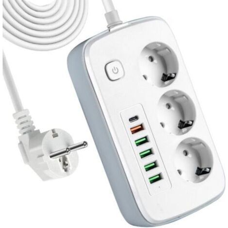 Multiprise Electrique, Bloc Multiprise, Parafoudre Multiprise avec Interrupteur, 3 Prises Outlet + 6 Ports USB, Rallonge Multiprises 2M