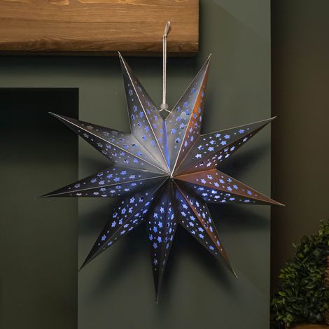 50cm Battery Powered Light up Silver Origami Hanging Christmas Star with LEDs (1/5)
