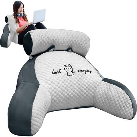 Coussin de lecture, 70 x 50 cm Coussin de dossier Canapé, Coussin de lecture Lit adulte avec support de cou/bras, Gris et blanc (1/5)