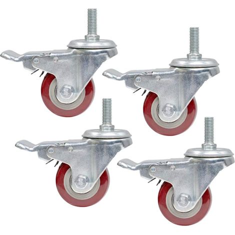 4 roulettes pivotantes en polyuréthane Ø 2,5 pouces, tige M12, charge max 300 kg, avec frein