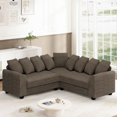 Neche – Canapé d'angle modulable en velours côtelé marron – Confort nuage avec 9 coussins – Structure bois massif – Dimensions 202x202x74cm