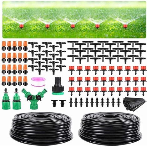 Kit d'irrigation goutte à goutte de jardin, kit de système d'irrigation goutte à goutte automatique pour serre de 98 pieds avec tuyau de distribution vierge de 1/4 pouces et 1/2 pouces réglable