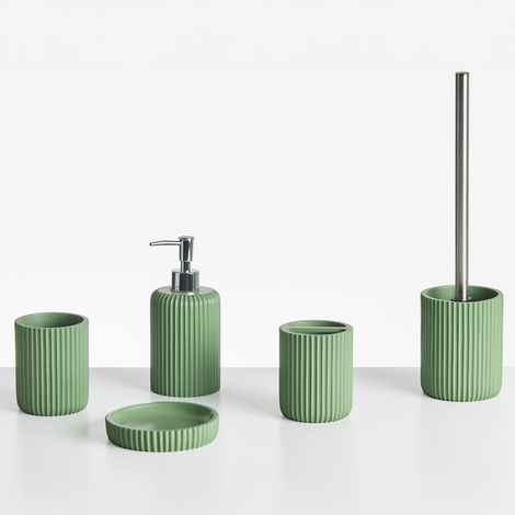 Conjunto de 5 accesorios de baño jabonera dispensador de jabón escobilla de inodoro vaso soporte para cepillos de dientes verde Camana (1/5)