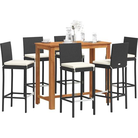 Ensemble de bar de jardin 7 pièces en acacia, 6 tabourets noirs avec coussins - PANGIVO (1/5)