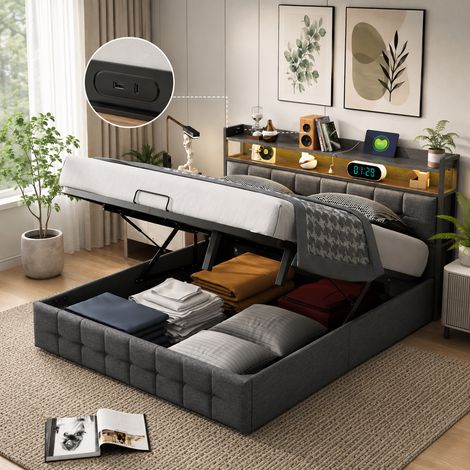 Lit led 140x190 avec ports usb, cadre de lit avec sommiers à lattes et rangement hydraulique, lit capitonné pour adulte, gris lin lit coffre (1/5)