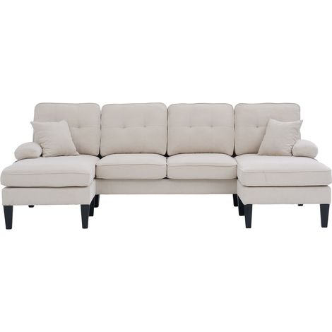 Divano a U 4 posti in tessuto di lino beige con due chaise longue, cuscini morbidi e piedini stabili (1/5)