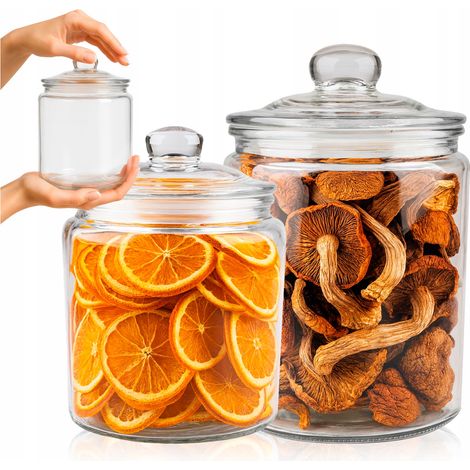 Set di 2 barattoli di vetro con coperchi in vetro: 1 da 1 litro, 1 da 2 litri
