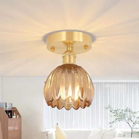 Retro-Deckenleuchte komplett aus Kupfer und Glas, verziert mit kleinen bernsteinfarbenen Blüten, geeignet für Schlafzimmer, Wohnzimmer, Balkone, Eingangsbereiche usw. – warmes Licht (1/5)