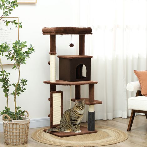 Arbre Gratter Chat 132 Plateforme Perche Pinceau Pelotes Suspendues Grattin Brun Animaux Compagnie (1/4)