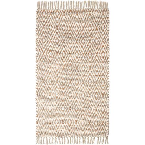 HOMESCAPES Sierra Neutral Diamond Pattern Hemp Chindi Rug, 90 x 150 cm