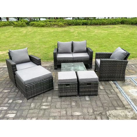 Fimous 7 Seater Dark Grey Mixed High Back Rattan Sofa Set Square Coffee Table Garden Furniture Outdoor 3 Stools (1/5)