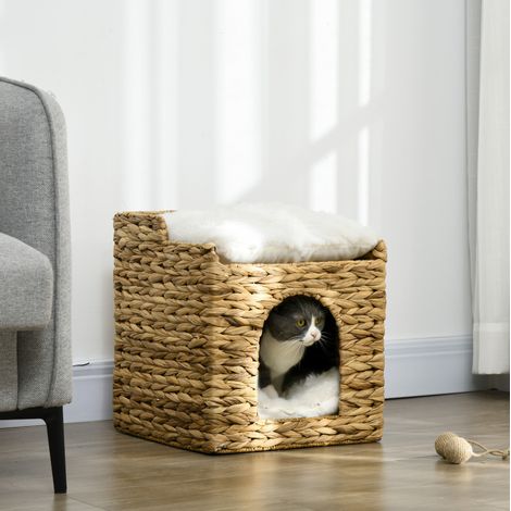 Maison pour chat 37,5x37,5x41,5 cm en rotin marron, 2 niveaux, gain de place – MEUBLIV (1/5)