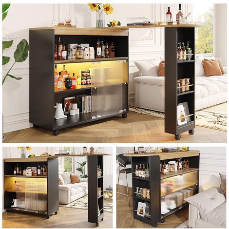 Ausziehbarer Bartisch mit Stauraum ,Moderner Beweglicher Bar Table, Teleskopischer Bartisch mit LED, Stehtisch Bistrotisch Hochtisch Kücheninsel Bistro Table,Großer Stauraum,Schwaz(138-204×39×105cm) (1/5)