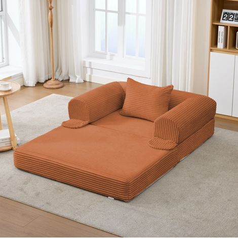 Divano letto singolo convertibile in velluto a coste arancione con cuscino, 120 x 85 x 65 cm (1/5)