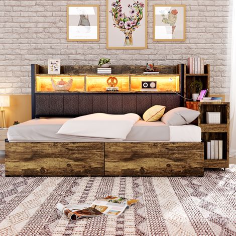 lit rangement couchage bureau mobile 90x200 bois métal OKMYHOME (1/5)