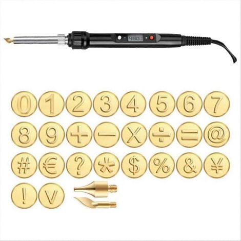 Brandmalerei-Set aus Holz und Leder mit 26 Kupferbuchstaben, A-Liste (1/5)