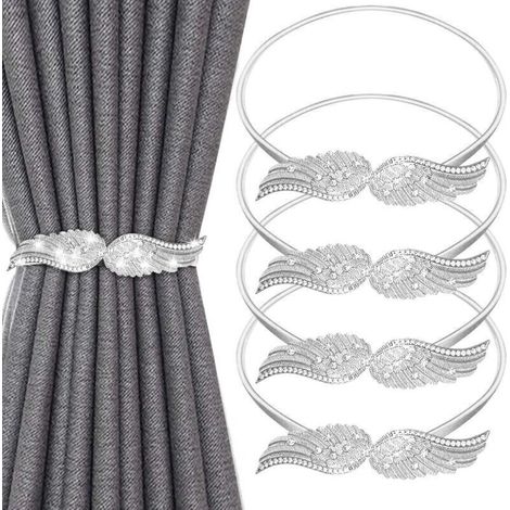 (Argent) Lot de 4 embrasses de rideaux simples, réglables en corde à ressort en métal pour la maison, la chambre, le salon et le bureau (1/4)