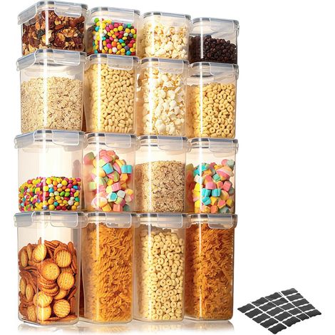 Boîte de Rangement Cuisine, Hermetique Alimentaire Boite Plastique avec Couvercle Frigo Lot de 16 pour Céréales, Farine, Sucre, Riz, Pâtes Sans Bpa avec Autocollants (1/5)