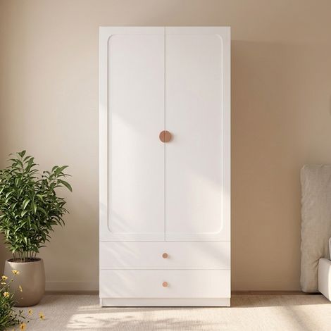 Armoire 2 portes 200 cm avec penderie et 2 tiroirs, dressing blanc avec poignée en bois massif, meuble de rangement pour chambre et bureau - Blanc (1/5)