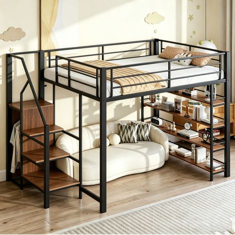 Letto a soppalco 140x200 cm nero metallo con scala contenitore (1/5)