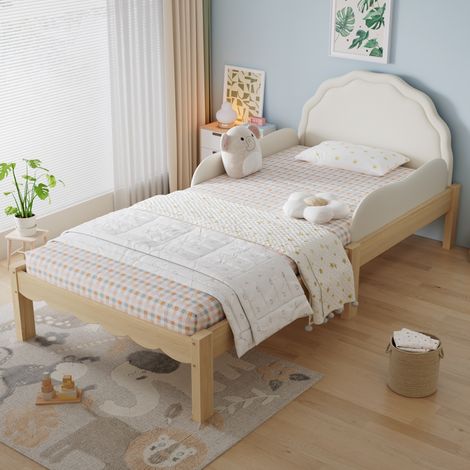Lit Simple Enfant Rembourré 90x200 cm Beige - Lit de Sécurité avec Tête de Lit en PU, Barrière de Protection Antichute et Sommier à Lattes en Bois (1/5)